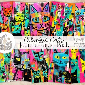 Carta da giornale con gatti stravaganti / Fogli di collage con gatti colorati / Scrapbooking digitale / Carta stampabile / Arte con tecniche miste / Forniture per giornali