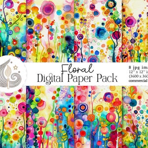 Papier numérique floral | Utilisation commerciale | Arrière-plans floraux à l'aquarelle | Paquet de papier imprimable | Papier pour scrapbooking | Artisanat | Technique mixte