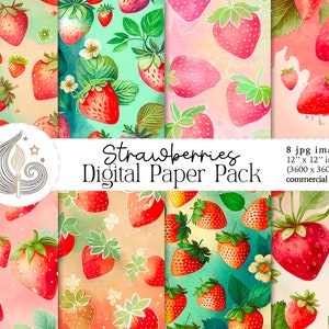 Papeles digitales de fresa / Fabricación de tarjetas / Artesanía de papel digital / Uso comercial / Descarga instantánea / Frutas de verano / Papeles de Scrapbooking