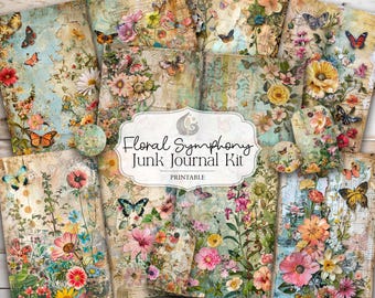 Kit de diario basura Sinfonía Floral: Páginas imprimibles y elementos efímeros para collage botánico vibrante