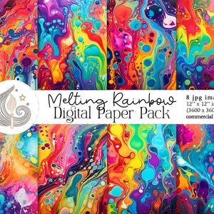 Digitaal papier smelten regenboog | Verftexturen | Psychedelisch plakboekpapier | Gemengde techniek: kunst | Collage | Knutselen | Commercieel gebruik