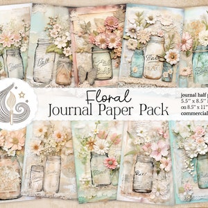 Pages de journal floral indésirable | Paquet de papier imprimable | Fleurs de pot Mason Shabby Chic vintage | Téléchargement numérique | Scrapbooking | Fabrication de cartes
