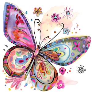 Puede incluir: Ilustraci&oacute;n de una mariposa colorida con patrones intrincados en tonos de rosa, azul, naranja y amarillo. La mariposa est&aacute; rodeada de peque&ntilde;as flores caprichosas de varios colores. La obra de arte tiene un efecto acuarela, sobre un fondo blanco.