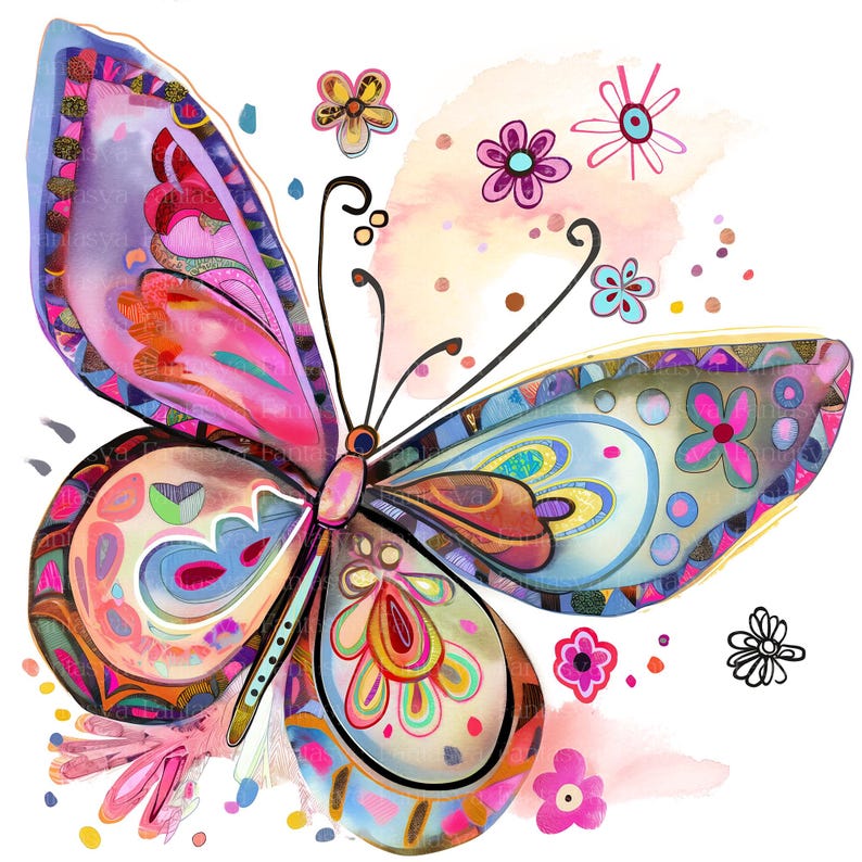 Puede incluir: Ilustraci&oacute;n de una mariposa colorida con patrones intrincados en tonos de rosa, azul, naranja y amarillo. La mariposa est&aacute; rodeada de peque&ntilde;as flores caprichosas de varios colores. La obra de arte tiene un efecto acuarela, sobre un fondo blanco.