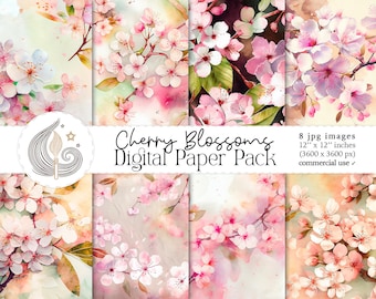 Paquete de papel digital de flores de cerezo: Fondos florales de acuarela Sakura en suaves tonos rosas primaverales