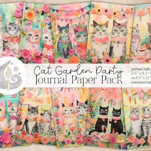 Papier journal pour chats indésirables | Garden-party florale fantaisiste avec chat | Pages de revue | Fabrication de cartes d'anniversaire | faire-part | Kit de création numérique