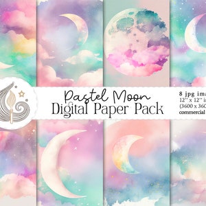 Maan digitaal papier | Pastel aquarel textuur | Bedrukbaar papier | Digitaal papierpakket | Fantasie hemelachtergronden | Plakboekdocument