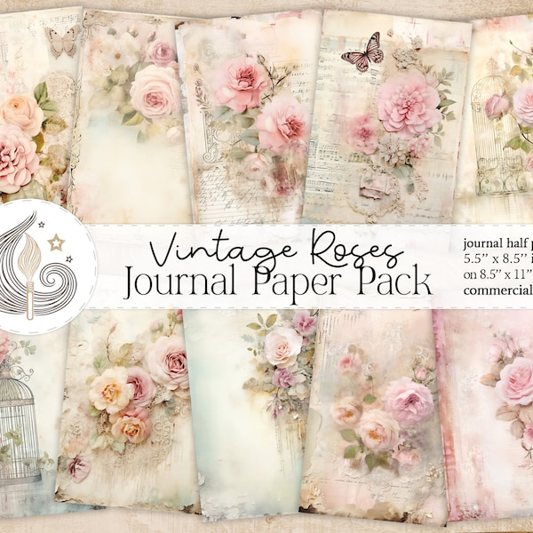 Vintage Roses Junk Journal Paper | Shabby Chic Vintage Journal Kit | Printable Roses Pages | Digital Scrapbooking | Commercial Use