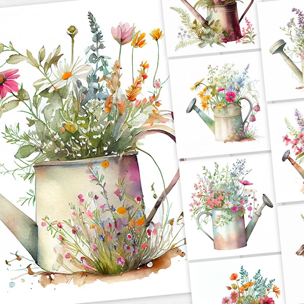 Watering Can Flower | 10 Watercolor Floral Clipart | Greenery Clipart | Card Making | Digital Images | Commercial Use | Diy Crafts