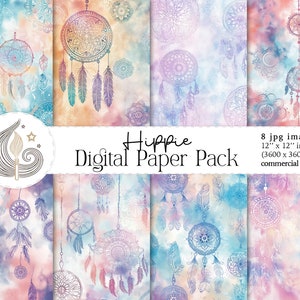 Pacchetto di carta digitale hippie/Acchiappasogni acquerello pastello/Modelli Boho Chic/Sfondi pastello tie dye/Stile Boho