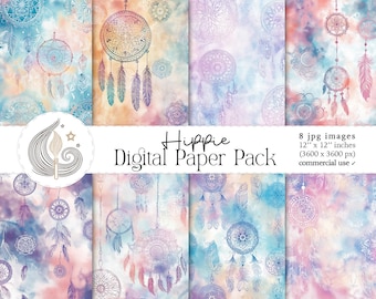 Paquet de papier numérique hippie | Attrape-rêves aquarelle pastel | Motifs bohèmes chics | Fonds tie-dye pastel | Style bohème