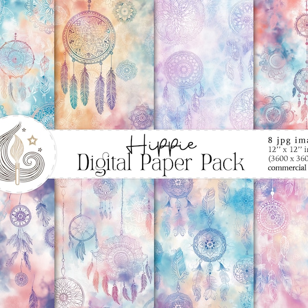 Hippie Digital Paper Pack | Pastel Watercolor Dreamcatcher | Boho Chic Patterns | Pastel Tie Dye Backgrounds | Bohemian Style