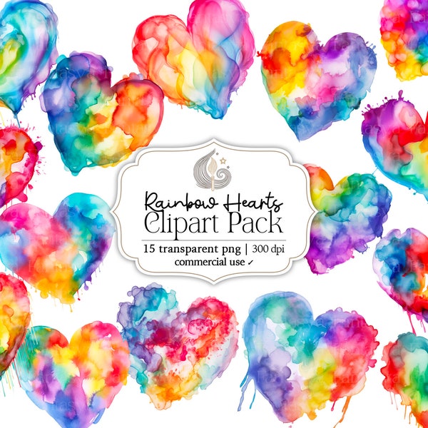 Rainbow Heart Clipart | Watercolor Splashes | Paint Splash Clipart | Commercial Use | Hand Painted Hearts | Instant Download