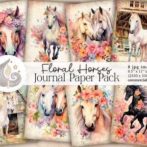 Carta per diario spazzatura / Cavalli floreali ad acquerello / Forniture per diario spazzatura / Documenti stampabili / Pagine di diario / Scrapbooking / Kit digitale