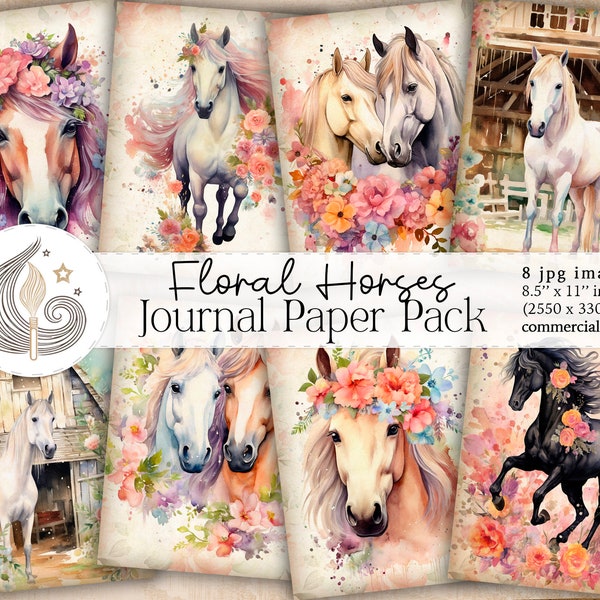 Junk Journal Paper | Watercolor Floral Horses | Junk Journal Supplies | Printable Papers | Journal Pages | Scrapbooking | Digital Kit