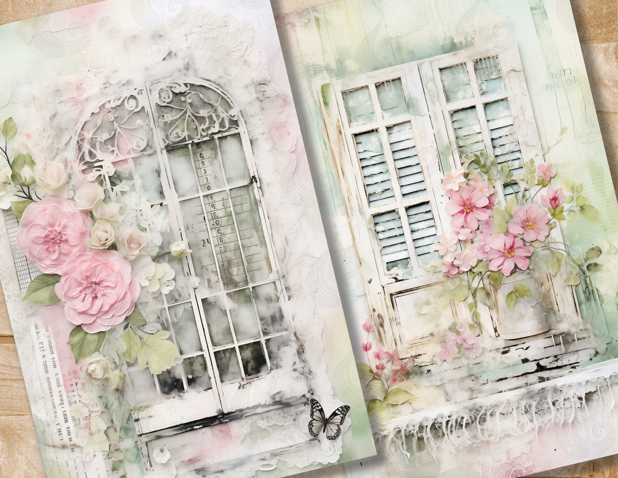 Shabby Window Junk Journal Pages: Pastel Vintage Papers With Doors ...
