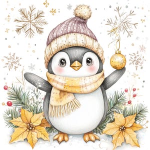 Puede incluir: Un ping&uuml;ino de dibujos animados con un gorro de punto rosa con un pomp&oacute;n blanco, una bufanda amarilla y sosteniendo un adorno navide&ntilde;o dorado. El ping&uuml;ino est&aacute; de pie en la nieve con flores de poinsettia y ramas de pino.