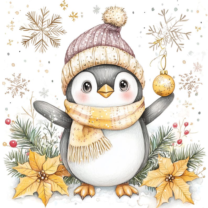 Puede incluir: Un ping&uuml;ino de dibujos animados con un gorro de punto rosa con un pomp&oacute;n blanco, una bufanda amarilla y sosteniendo un adorno navide&ntilde;o dorado. El ping&uuml;ino est&aacute; de pie en la nieve con flores de poinsettia y ramas de pino.