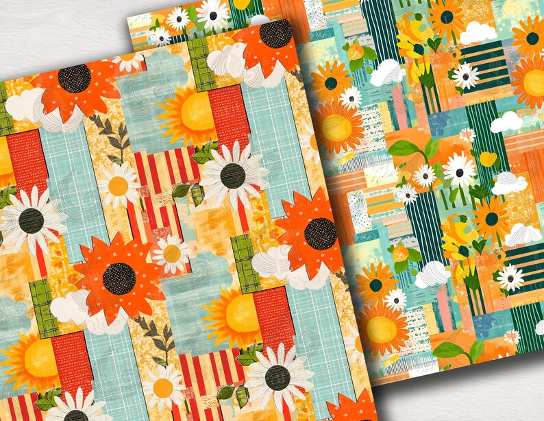 Floral Collage Seamless Patterns: Sunflower Digital Paper Pack With ...
