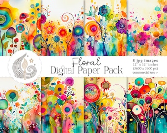 Flowers Digital Paper | Commercial Use | Watercolor Flower Backgrounds | Printable Paper Set | Scrapbooking Paper | Crafts | Diy