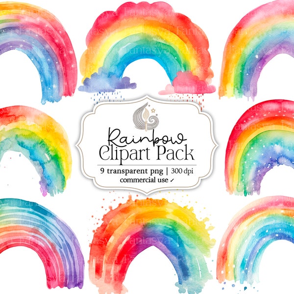 Watercolor Rainbow Clipart Pack | Baby Shower Clip Art | Transparent Pngs | Nursery Art | Free Commercial Use | Card Making