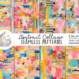 Patrón de collage abstracto sin costuras / Uso comercial / Papel digital de patchwork sin costuras / Arte bohemio ecléctico con técnica mixta / Papel para álbumes de recortes