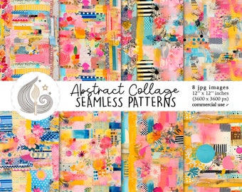 Abstract Collage Seamless Patterns: Mixed Media Digital Paper Pack with Modern Colorful Layers