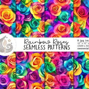 Seamless Rainbow Roses Pattern | Commercial Use | Seamless Roses Digital Paper | Rainbow Roses Backgrounds | Scrapbook Paper | Crafts