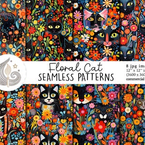 Motif chat sans couture | Utilisation commerciale | Papier numérique chat sans couture | Arrière-plan de chat floral folk lunatique | Papier de scrapbooking