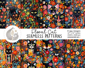 Padrões Florais de Gato Sem Costura: Pacote de Papel Digital com Gatinhos Encantados, Flores e Charme Retrô