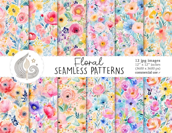 Pastel Floral Seamless Patterns: Soft Watercolor Flower Digital Paper Pack for Spring Crafts