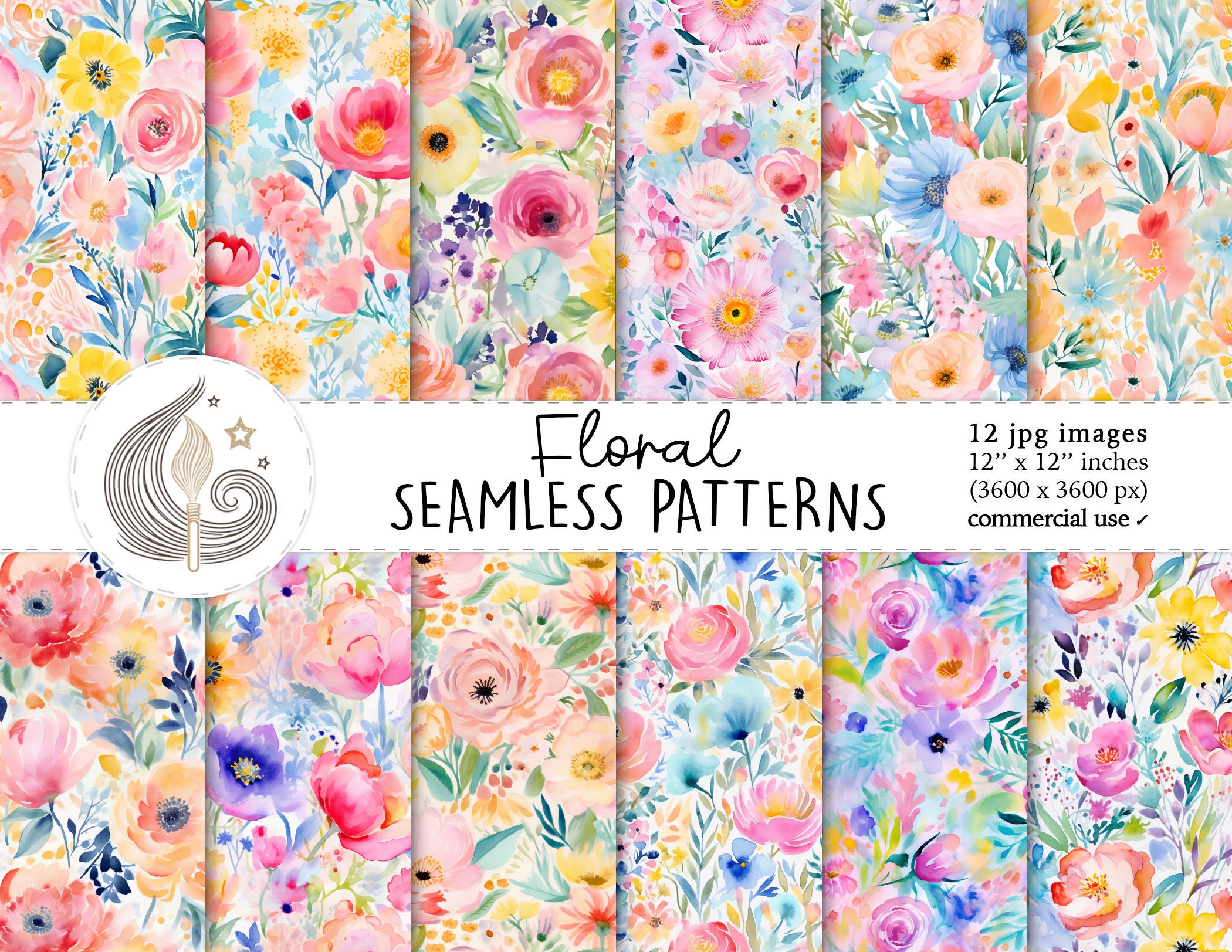 Pastel Floral Seamless Patterns: Soft Watercolor Flower Digital Paper ...