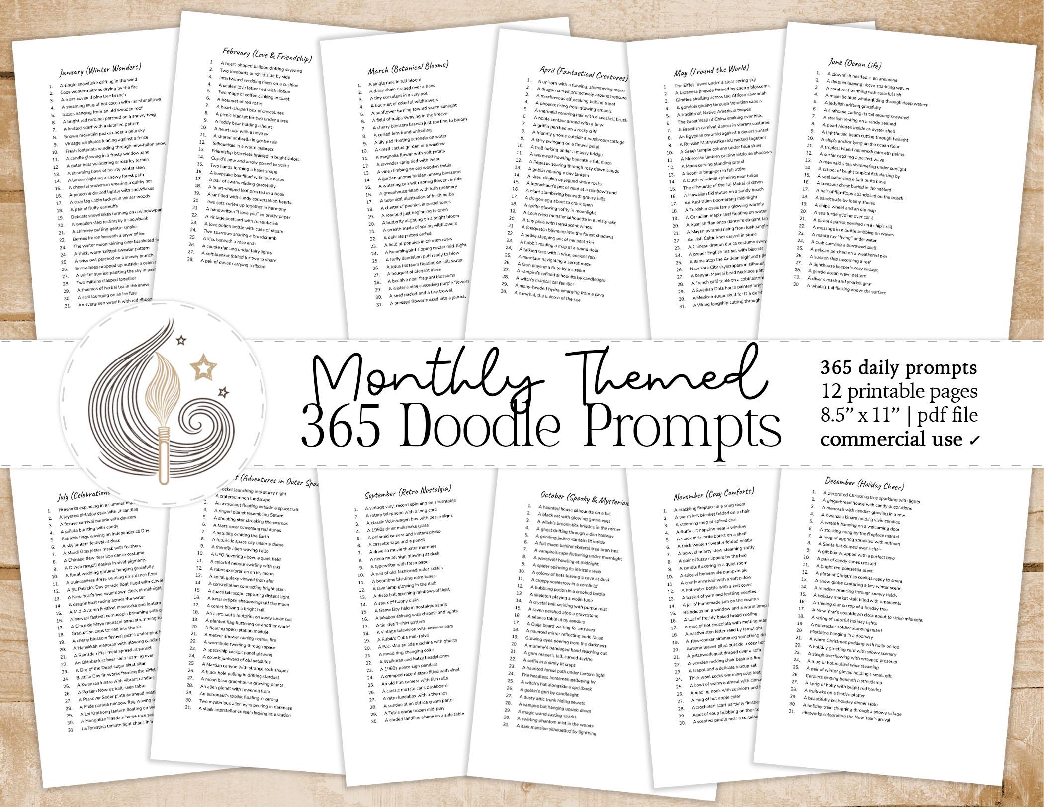 365 Daily Doodle Prompts PDF | Printable Art Prompts | Drawing Ideas for Artists | Monthly Themed Prompts Journal | Creative Challenge PDF
