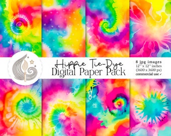 Hippie Tie-Dye Digitaal Papierpakket: Levendige Psychedelische Wervelachtergronden