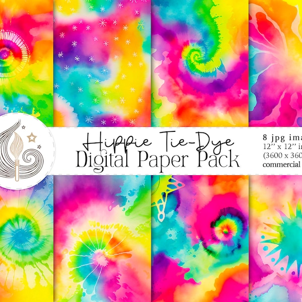 Tie Dye Pattern | Hippie Digital Paper | Watercolor Rainbow Texture | Scrapbooking Paper | Psychedelic | Commercial Use | Crafts