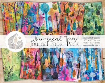 Whimsical Trees Junk Journal-pagina's: kleurrijke bospapieren met fantasiebotanische illustraties