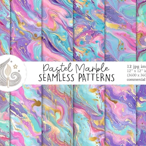 Op de afbeelding: Een verzameling van twaalf digitale naadloze patronen met een pastelmarmerontwerp. De patronen bevatten wervelingen van roze, paars, blauwgroen en goud. Elke afbeelding is 30,48 x 30,48 cm. De tekst luidt "Pastel Marble SEAMLESS PATTERNS".