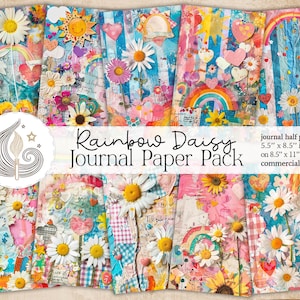 Regenbogen Gänseblümchen Journal Papierpackung | Pastell Collage Druckbare Seiten | Junk Journal Kit | Sommer Scrapbook Digitales Papier | Kartenherstellung