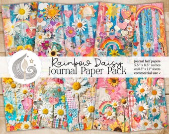Rainbow Daisy Junk Journal Pages: Colorful Floral Papers with Bright Whimsical Garden Details