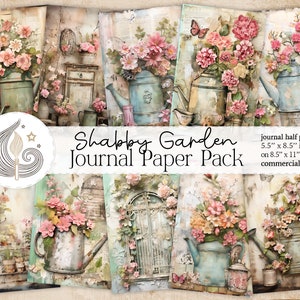 Shabby Garden Junk Journal-papier | Rustieke bloemengieters | Afdrukbare pagina's | Bloemen plakboekpapieren | Digitale kit | Collage