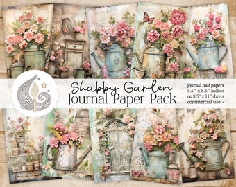 Shabby Garden Junk Journal Pages: Pastel Floral Papers with Vintage Watering Cans