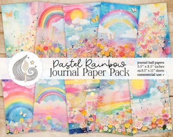 May include: A set of pastel journal papers with rainbow, butterfly, and floral designs. The papers are in soft hues of pink, blue, yellow, and green. The image text says "Pastel Rainbow Journal Paper Pack" and "journal half papers 14 x 21.6 cm on 21.6 x 28 cm sheets commercial use".