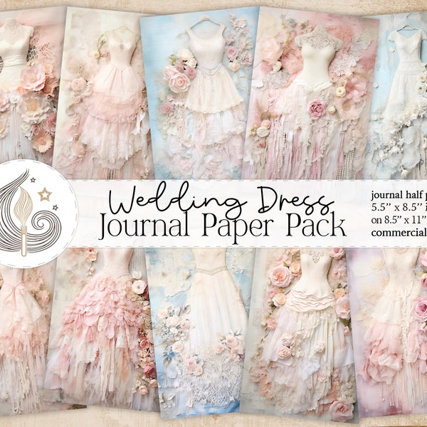 Printable Wedding Dress Junk Journal Paper | Shabby Chic Floral Pearl Elegant Romantic Lace Dresses | Scrapbooking | Card Making