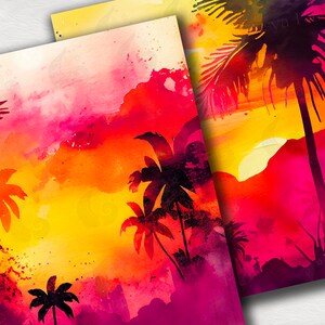 May include: Watercolor art prints featuring a tropical sunset scene with palm trees silhouetted against a vibrant sky. The artwork showcases a blend of orange, yellow, and pink hues, creating a warm and inviting atmosphere. The prints are ideal for adding a touch of coastal charm to any space.