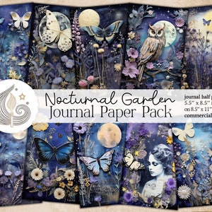 Nachtelijke tuin ongewenste dagboekpagina's | Mystieke vlinder | Maan | Afdrukbaar papier | Plakboekpakket | Digitaal papier | Fantasiestijl