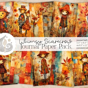 Papel de diario basura de otoño / Espantapájaros lindos y extravagantes / Páginas imprimibles / Kit de álbum de recortes de otoño / Tarjetas / Uso comercial / Manualidades / Collage