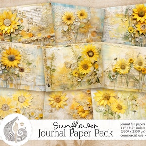 Papier journal indésirable tournesol | shabby chic | Fournitures de journalisation | Rustique | Créations en papier | Album de coupures de tournesol | Arrière-plans imprimables