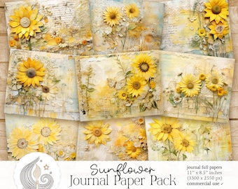 May include: A digital paper pack featuring 9 sunflower designs with a vintage, distressed look. The papers are 11 inches by 8.5 inches and are 3300 pixels by 2550 pixels. The papers are for commercial use.