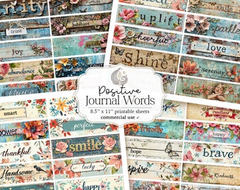 Journal imprimable indésirable Mots positifs | Feuille de collage | Journal numérique mots éphémères | Scrapbooking | Étiquettes | Balises