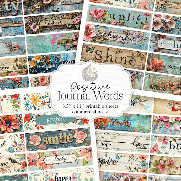 Afdrukbare junk journal positieve woorden | Collageblad | Digitale dagboekwoorden Ephemera | Plakboek | Etiketten | Labels